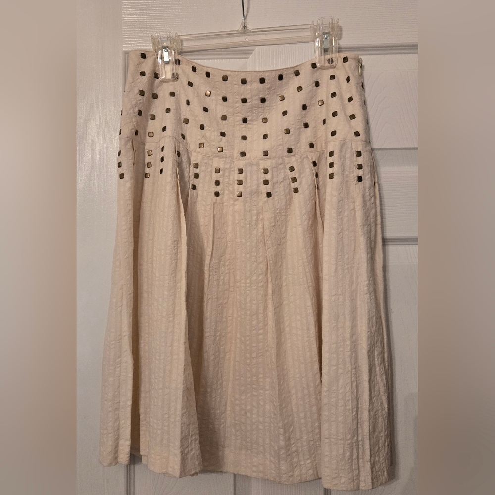 Vintage Troy Palm Desert Pleated Seersucker Midi Skirt With Brass Accents Sz 10